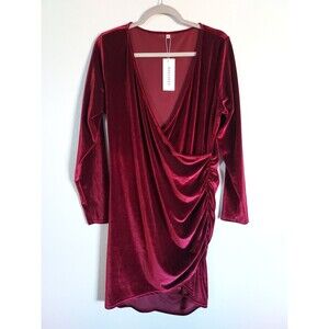 Halcyeen Ladies Women's Wine Velvet  Wrap Front Deep V-neck Dress Size XXL - NEW